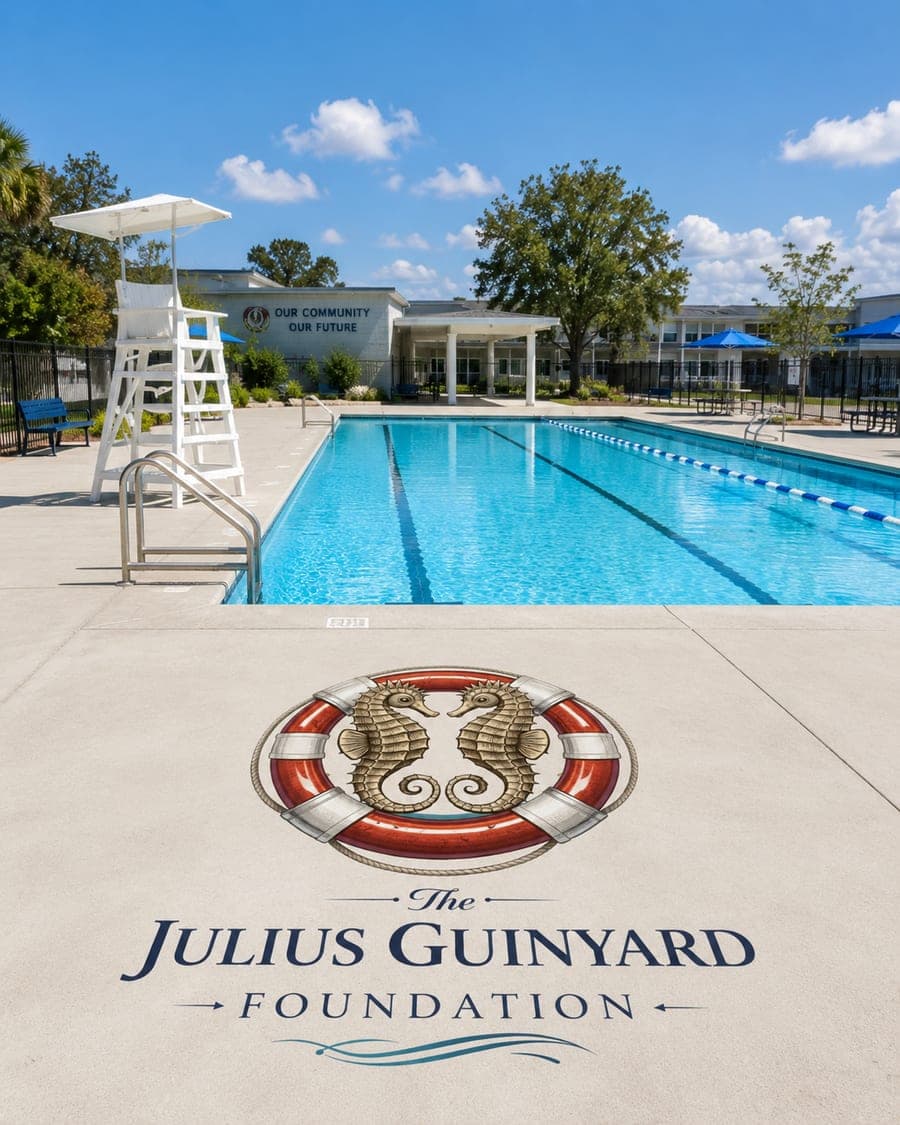 The Julius Guinyard Foundation logo on the pool deck at The Julius Guinyard Pool and Park